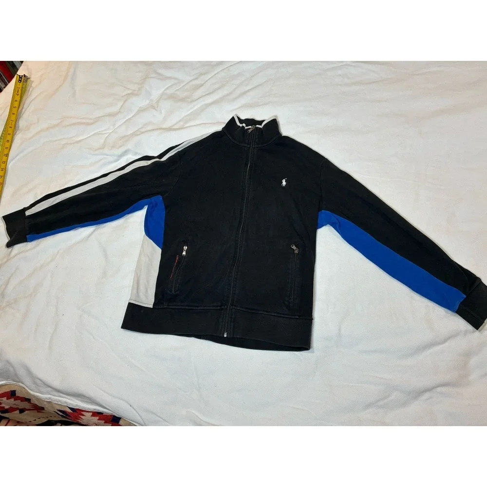 Polo Ralph Lauren Men's L‎ Track Jacket Black Blue White Full Zip Cotton Pony